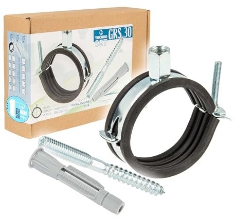 tecuro Einhand Schraubrohrschelle M8/M10 Spannbereich 57-61 mm Stahl verzinkt, inkl. Stockschraube M8 x 80 mm und Universal Hohlraumdübel, mit Schallschutzeinlage - 10-er Kombi-Set GRS5761-S80