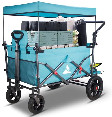 TOPWELL rullvagn vikbar med tak, multifunktionell transporthandvagn med bromsar, säten, säkerhetsbälten, framhjul 360°, lastkapacitet 120 kg (himmelsblå)