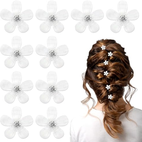 10 pezzi Mini fermagli per capelli a forma di fiore, graziosi fermagli per capelli con strass, piccole mollette per capelli, per donne e ragazze, dolci mollette per feste quotidiane, matrimoni(bianco)
