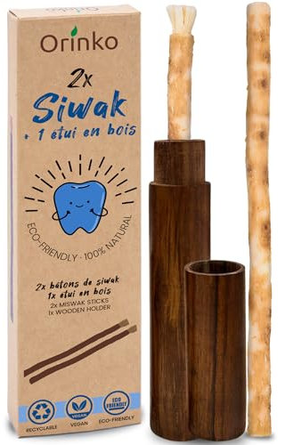 ORINKO® Siwak Naturale x2 con Custodia x1 - Spazzolino Ecologico per Denti - Miswak Africano per Pulizia, Sbiancamento e Igiene Orale - Bastoncini di Araak come Alternativa Sostenibile