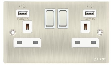 L LVE USB Switched Electric Outlet, Metal Clad 2Gang 13A Wall Socket with 2USB Port，Polished Brass,146mm*86mm