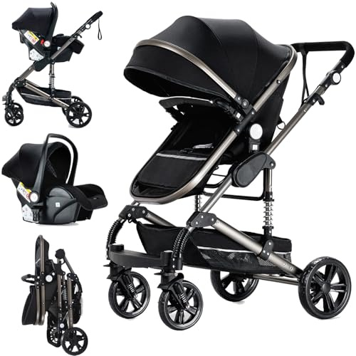 Doraystar Kinderwagen 3 in 1, Kombikinderwagen 3 in 1 mit Zwei Umkehrbaren Schiebemodi, Kinderwagen Komplettset mit Ein-Klick-Faltdesign, Rahmen Aluminiumlegierung (739 Black)