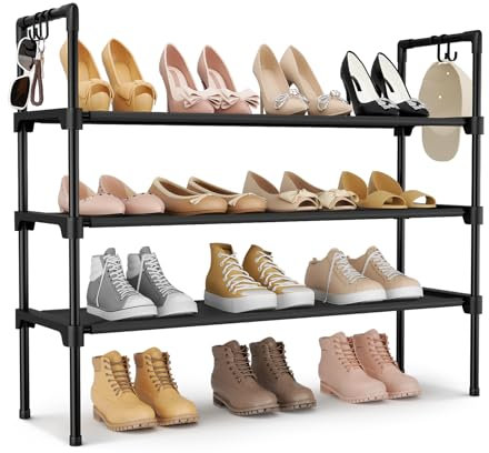 Vicye Schuhregal 3 Ebenen Schuhregal Platzsparend mit 5 Haken, Stapelbarer Schuhablage Outdoor Schuhständer Aus Metall Für Eingangsbereich, Garage und Wohnheim, Schwarz