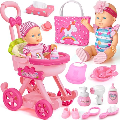 vamei Accessori Bambole per Bambina, Gioco di Ruolo Giocattoli con Bambola & Passeggino di Bambola & Borsa & Vestiti, Accessori Bambole Compleanno Regalo Bambina 3 4 5 6 Anni