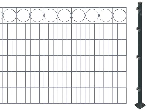 Schmuckzaunset inkl. Pfosten zum Aufschrauben (Höhe: 120 cm, Länge: 4,2 m) | Doppelstabmatten mit Zierleiste 'Ring', Anthrazit | UV- und witterungsbeständig