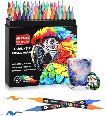 60 Acrylstifte Set, 120 Farben Acrylic Marker Doppelspitze Pinselspitze | Vielseitig einsetzbar | Starke Deckkraft | Farbecht | Wasserfest | Acrylmarker für Eier, Holz, Leinwand, Kunststoff, Glas