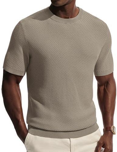 PJ PAUL JONES T-tröjor för män kortärmad t-shirt med rund hals solid stickad t-shirt herrtoppar, Khaki, L