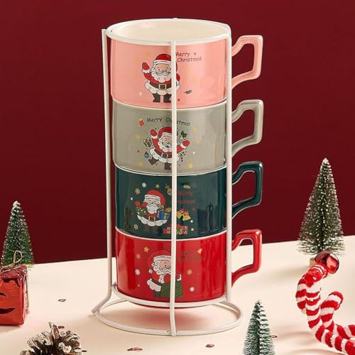 Set di 4 tazze natalizie impilabili, tazze natalizie in ceramica con arte festiva, tazze da caffè C hristmas per cioccolata calda, tazza per cioccolata calda, regalo per familiari e amici, lavabile in