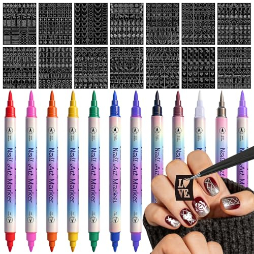 Nail Art Stencils Pens Set, 12 Nail Art Pens Markers + 14 Sheets Nail Stencils Heart Lips Flowers Nail Stickers for Women Girl, Nail Polish Pens for Nail Art Dotting Pen, DIY Nails Art Design Tools