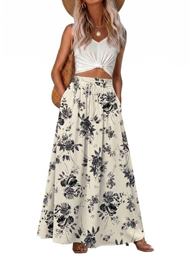 GRECERELLE Lång sommarkjol för dam - Bohèmestil - Trappesärform - Elegant - Lång flytande kjol - Med ficka - Lätt och luftig, L