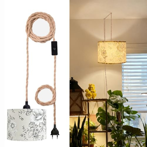 EcoGehen Hängelampe mit Stecker Kabel- Boho Lampe Pendelleuchte 33cm Stoff Lampenschirm Hängeleuchte Esstischlampe Rustikal Hängende Wandlampe E27 Schlafzimmerlampe für Schlafzimmer Küche Esstisch