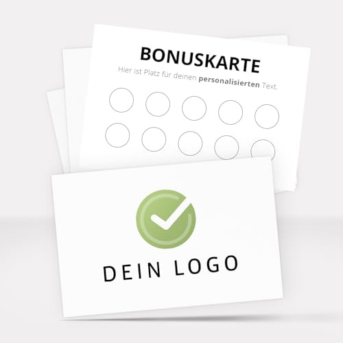 100 Bonuskarten für Kunden personalisiert mit Logo und Text | Treuekarten erstellen Stempelkarten für Stempel selbst gestalten - mit Box