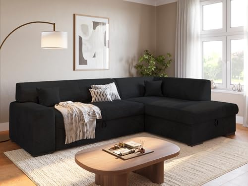 BROMARKT Ecksofa mit Bettkasten Schlaffunktion L 260cm Rechts Schwarz | Wohnlandschaft mit Schlaffunktion und Bettkasten L-Form Schlafcouch Eckcouch Bettsofa 3 sitzer Cordstoff Sofa für Wohnzimmer
