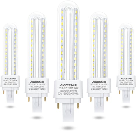 Aigostar Led Kaltweiß 11W PLC G24d-3 Leuchtmittel Mains Birne Lampe 6500K 1070 Lumen Abstrahlwinkel 360 Grad 2U Glühbirnen 5 Stücke Energiesparend