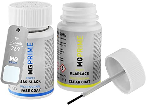 MG PRIME Billack Touch-up stick set för Renault 369 Blanc Glacier/Arktis-Weiss Basecoat clearcoat 50ml vardera