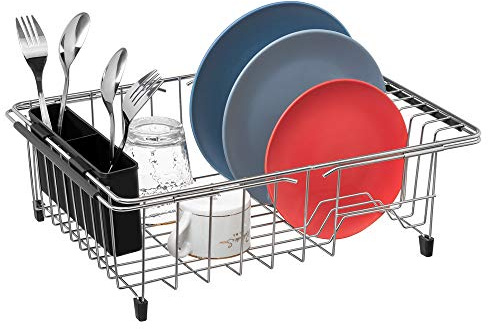 SANNO Dish Drying Rack Expandable Dish Organizer Rack Adjustable Dish Drainers, Over The Sink Dish Rack in Sink or On Counter with Black Utensil Silverware Storage Holder Rustproof