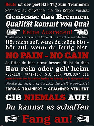 empireposter Motivational - Gym Training - Keine Ausreden! Schwarz - Motivations Poster Plakat Druck - Größe 60x80 cm + 2 St Posterleisten Holz 61 cm