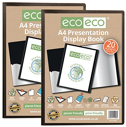 eco-eco eco003x2 Präsentationsmappe, A4-Format, 50% recycelt, Schwarz, 2 Stück – 20 Fächer, Portfolio, Kunstmappe mit Kunststoffhüllen für Schule, Büro und Geschäft, Dokumenten-Organizer, 2 Stück