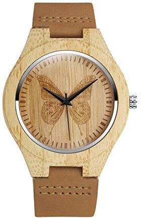 MicLee Montre à Quartz en Bois de Bambou pour Homme et Femme - Motif Papillon, Bracelet en Cuir, Cadran en Bois Naturel - Montre Décontractée Décorative