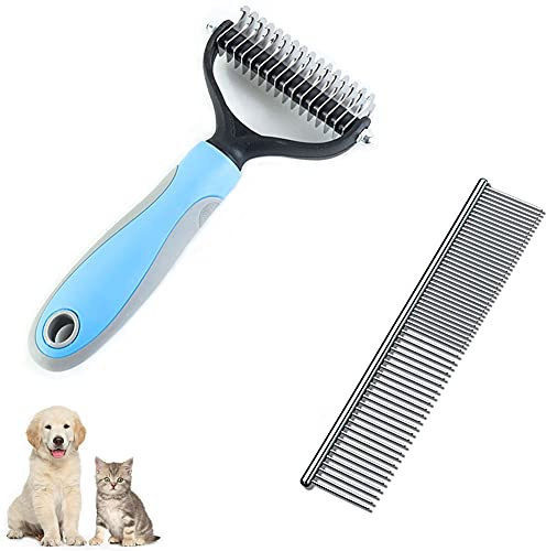 FANJIANG Spazzola Sciogli Nodi + Pettine in Acciaio Inossidabile per Cani Gatti, Rimuovere e Sbrogliare Nodi e Peli Morti di Cane Gatto. (Blu)