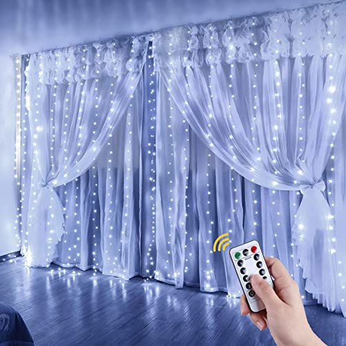 Anpro Cortina Luces, 3 x 3M con Control Remoto 8 Modos de USB Cortina de Luces Exterior Interior, 300 LED Cortina LED Decoración para Navidad Jardín Habitación Cortina - Blanca Fría