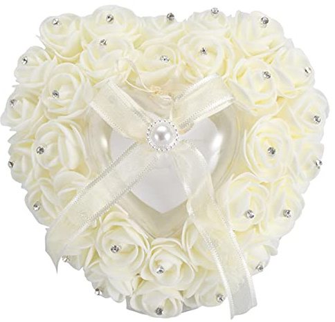 Coussin Alliance Mariage - Oreiller Porteur d'anneau, Bague de Mariage Blanc Oreiller Porte-Anneau Fleur Dentelle Mariage Forme de Coeur Porte-Anneau pour cérémonie de Mariage(Blanc Laiteux)