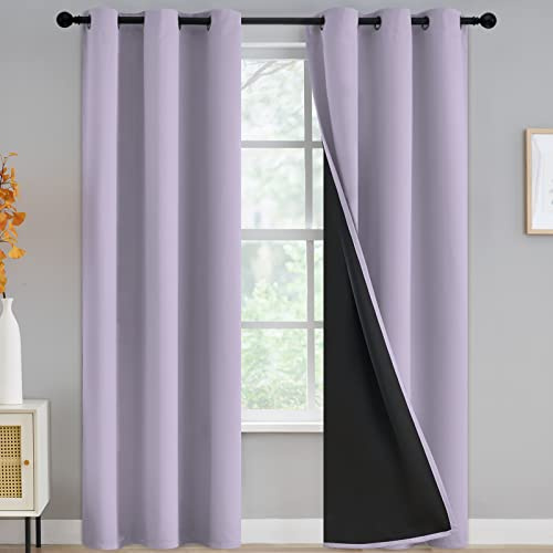 Yakamok 100% Blackout Curtains for Bedroom 84 Inch Length , Light Blocking Drapes with Black Backing, Thermal Insulated Solid Grommet Panels for Living Room, 42Wx84L, Lilac, 2 Panels