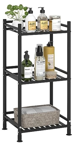 FKUO 3 Tier Bathroom Storage Open Shelf Unit, Free-Standing Metal Corner Rack Shelving for Kitchen, Living Room, Hallway (Matte Black, 3 Tier)
