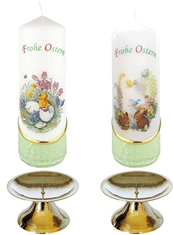 AUSWAHL * 2 Stück Osterkerze Stumpenkerze Osterdeko * 6 x 18 cm * inkl. 2 Kerzenständer aus Messing * mit farbigen Wachs- und Bildauflagen * AUSWAHL Motiv + Farbe * grün * (Serie 2 - Set 15/-2)