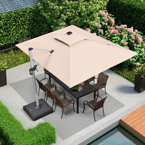 PURPLE LEAF Ombrellone da Giardino 2.7x3.65 m con LED, Palo in Alluminio con Manovella girevole a 360°, doppio tetto inclinabile UV 50+, per Piscina esterna Giardino Terrazzato, cachi