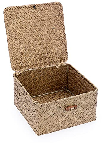 Hipiwe Wicker Shelf Baskets Bin with Lid Handwoven Seagrass Storage Basket Container Square Multipurpose Household Basket Boxes for Shelves and Home Organizer, Coffee Small