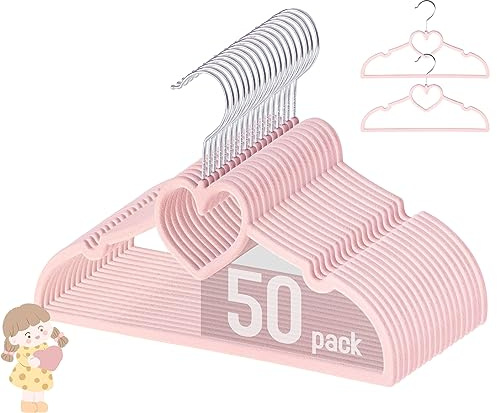GOSCHE Kids Velvet Hangers (12.8 Inch - 50 Pack), Non-Slip Baby Clothes Hangers for Closet, Ultra Slim Space Saving Children Hanger, 360Degree Swivel-Hook, Infant/Toddler Hangers, Dark Pink