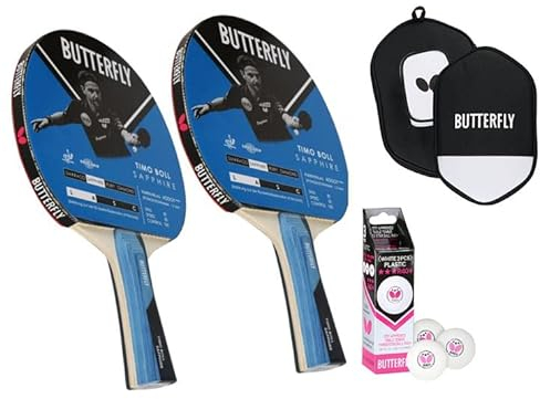 Butterfly Timo Boll Tischtennis Set Sapphire | 2X TT-Schläger + Hülle + 3X Bälle | Tischtennisset | ITTF Addoy Belag | für Hobby- & Freizeitspieler