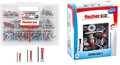 Fischer 544546 Duopower Kit Universaldübel & DUOBLADE S, selbstbohrender Gipskartondübel mit Spanplattenschraube, starker Dübel für einfache Montage in Gipskarton- und Gipsfaserplatten, Grau, Rot
