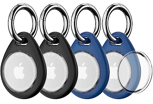 Biuupa 4 Pièces Porte-Clés pour Apple AirTag 2021 - Étui TPU Anti-Perte/Anti-Chute avec Couvercle Frontal 360° - Coque pour GPS, Sac à Dos et Animaux - Noir+Bleu