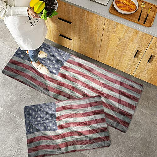 Küchenteppich Teppich Läufer Küchenläufer 2 Stück rutschfest,American Flag Decor, Amerikanischer Dollar auf Flagge Geld Geldwechsel Wert Global Finance, Waschbar für Flur Küche 40 x 100 cm+40 x 60 cm