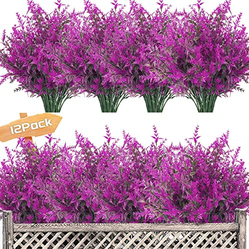 Garlag 12 Bundles Artificial Lavender UV Resistant Plants Outdoor Faux Flowers Shrubs for Floral Arrangement, Indoor Outside Hanging Garden Home Wedding Farmhouse Decor (Fuchsia)
