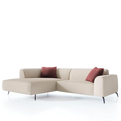 Newroom Sofa Couchgarnitur Ecksofa Links Couch Beige - Stilvoll Bequem mit Cord Stoff - Füße Metall Schwarz - (B/H/T) 295x78x180 cm