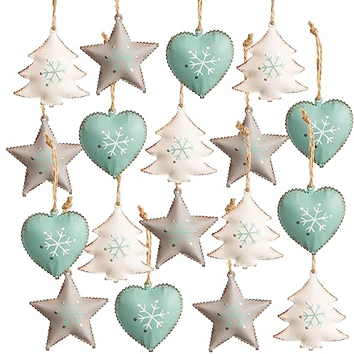 18 Weihnachtsanhänger aus Metall, kleine Anhänger Stern Herz Baum, weiß türkis grau, 5 cm, Baumschmuck Christbaumanhänger