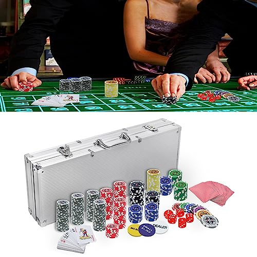 JOIEYOU Pokerkoffer Pokerset mit 500 Laser Pokerchips mit Aluminium Gehäuse, 2X Pokerdecks, 5X Würfel, 3X Dealer Button Pokerkoffer Komplett Set (Silber)