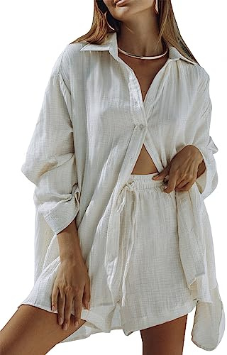 Sovoyontee Damen 2-Teiliges Langarm Loungewear Shorts Lounge Set Sweatsuit Lässiger Trainingsanzug Pyjama Sommer Weiß S