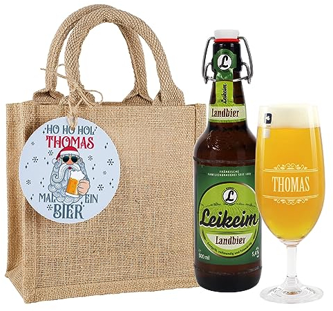 Herz & Heim® Männergeschenk Bierglas mit Gravur und Landbier in Geschenktasche aus Jute Ho Ho Hol mit mal ein Bier