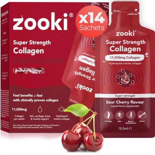 Zooki Marine Collagen 11,000mg Liquid Sachets, Sour Cherry, 14 Servings | Super-strength marine collagen supplement, hydrolysed peptides, skin, hair, nails, joints, bones and muscles support