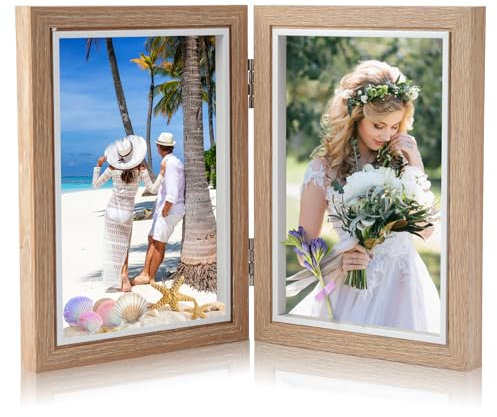 Doppelter Bilderrahmen Faltbar, Klappbarer Bilderrahmen Aus Holz, Klappbarer Fotorahmen, Faltbar Bilderrahmens Collage, Bilderrahmens 2 Fotos, für Tischausstellung oder Geschenke, Fotogröße 2x 10x15cm