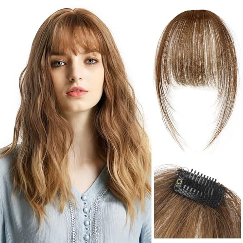Kikone Clip in pony Bangs Hair Human Hair Bangs Bangs Bangs Clip in Hair Extensions Menschliches HaarHandgewebte Air Bangs mit Koteletten Gebogene Bangs für Tägliches Tragen (Hellbraun)