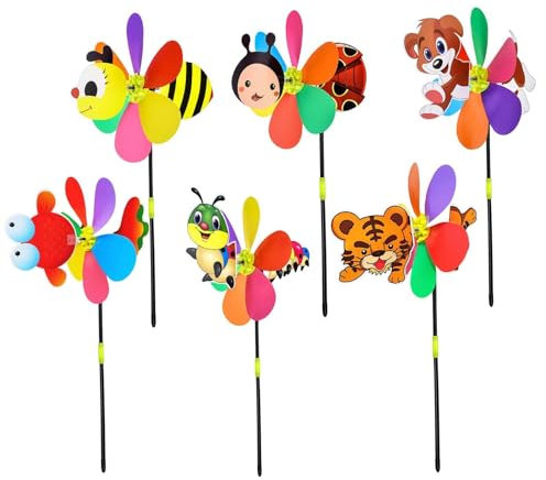 Krujecnt 6 Cartoon Animal Garden Pinwheels, Wind Spinner Set, Multicolor PVC, Butterfly-like Motion, Windmill Toys for Garden Lawn Decor