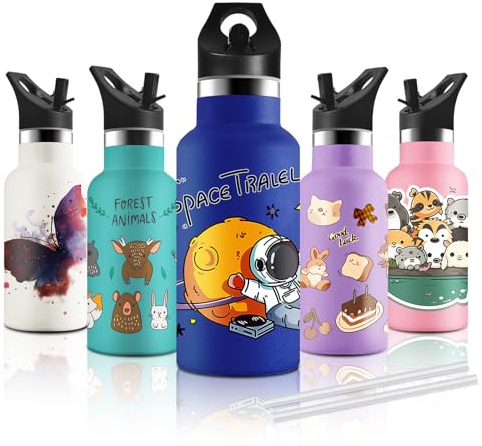 KollyKolla Termisk Vattenflaska för Barn 350 ml - 3D-utskrift Liten med Sugrör, BPA-fri för Flickor, Skola, Sport, Camping, Cykling