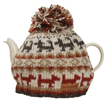Pachamama Handknitted Medium 4-6 Cup 1.2L Wool Tea Cosy Teapot Cover - Dog Walking Pattern Insulated Handmade Fair Trade Multicoloured