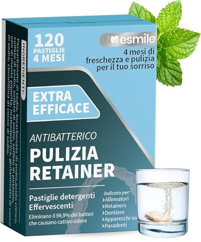 ESMILE - Pastiglie Apparecchi Ortodontici per Pulizia Apparecchio Denti,Bite Notturno e Dentiera - Compresse Pulizia Dentiere Effervescenti con Risultati Rapidi In 30 Minuti Di Applicazione