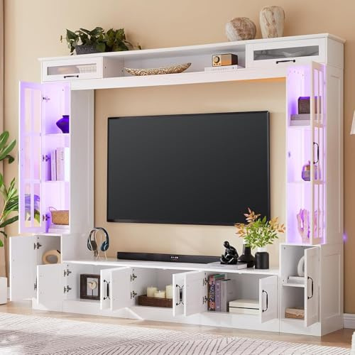 LUXOAK 98 Wide Wall Unit TV Stand with Storage for TVs up to 80, Large Modern TV Console Table with LED Lights, Entertainment Center with Bookshelves for Living Room, White